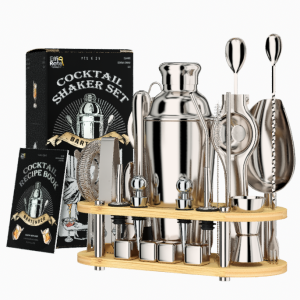 EffiQ-Rate Cocktail Shaker Set, 25-Piece Stainless Steel Bartender Kit with Wood Organizer Stand & Cocktail Recipes, Professional Bar Mixology Tools with All Essential Accessories for Drink Mixing