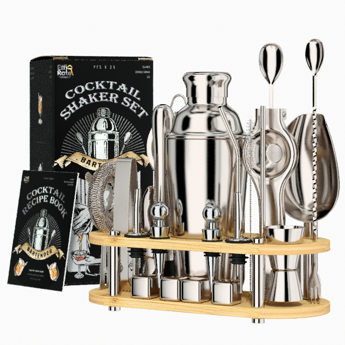 EffiQ-Rate Cocktail Shaker Set, 25-Piece Stainless Steel Bartender Kit with Wood Organizer Stand & Cocktail Recipes, Professional Bar Mixology Tools with All Essential Accessories for Drink Mixing