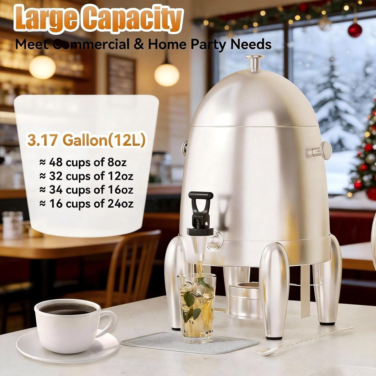 EffiQ-Rate 3 Gallon Beverage Dispenser with Stand, Commercial Coffee Urn with Spigot, Hot Drink Buffet Warmer Server for Parties Weddings Holiday Entertaining Catering Events (Plus Mixing Spoon and Drip Mat) - Image 6