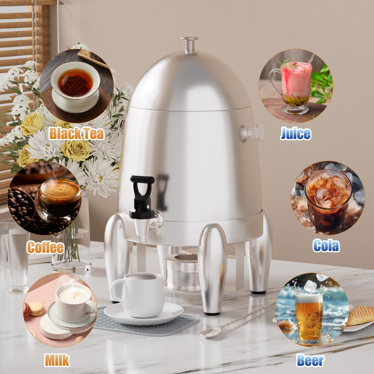 EffiQ-Rate 3 Gallon Beverage Dispenser with Stand, Commercial Coffee Urn with Spigot, Hot Drink Buffet Warmer Server for Parties Weddings Holiday Entertaining Catering Events (Plus Mixing Spoon and Drip Mat) - Image 5