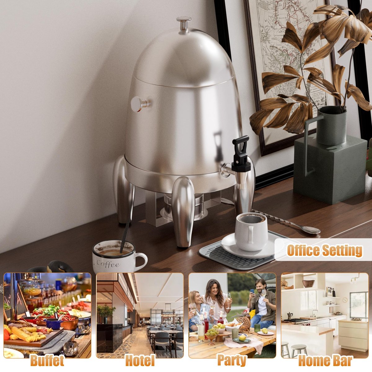 EffiQ-Rate 3 Gallon Beverage Dispenser with Stand, Commercial Coffee Urn with Spigot, Hot Drink Buffet Warmer Server for Parties Weddings Holiday Entertaining Catering Events (Plus Mixing Spoon and Drip Mat) - Image 2