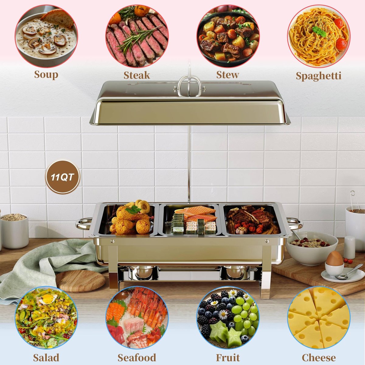 EffiQ-Rate Chafing Dishes Buffet Set for Food Warming and Serving,11QT Stainless Steel Party Trays Warmers for Catering,Weddings,Events with Display and Rolled Edge Design,1 Pack, 3 Compartment - Image 30