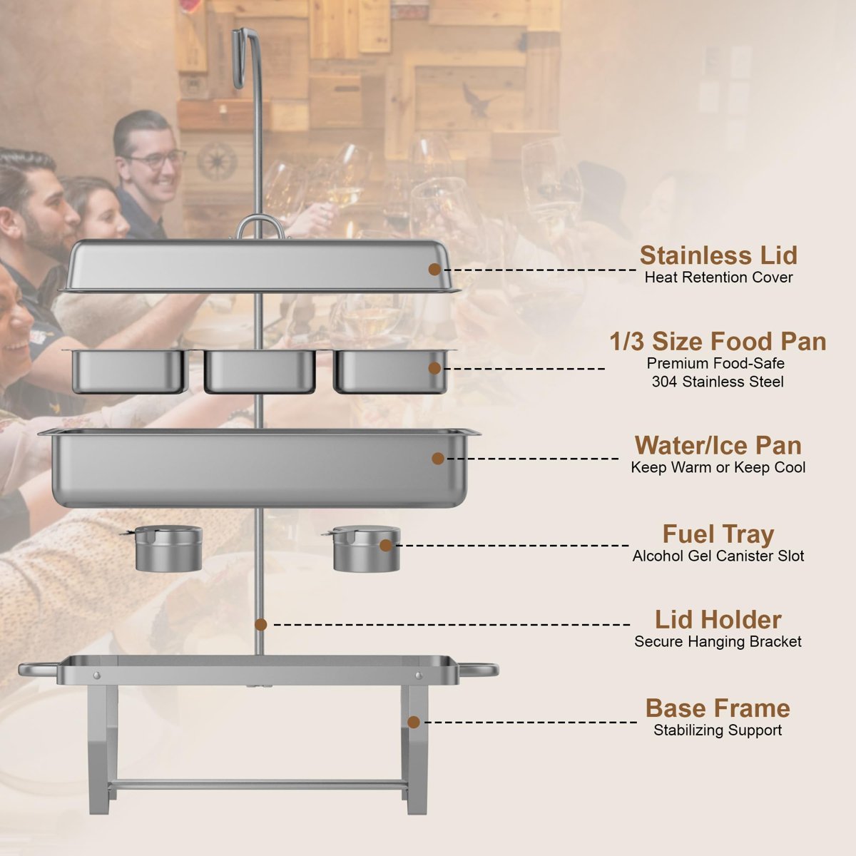 EffiQ-Rate Chafing Dishes Buffet Set for Food Warming and Serving,11QT Stainless Steel Party Trays Warmers for Catering,Weddings,Events with Display and Rolled Edge Design,1 Pack, 3 Compartment