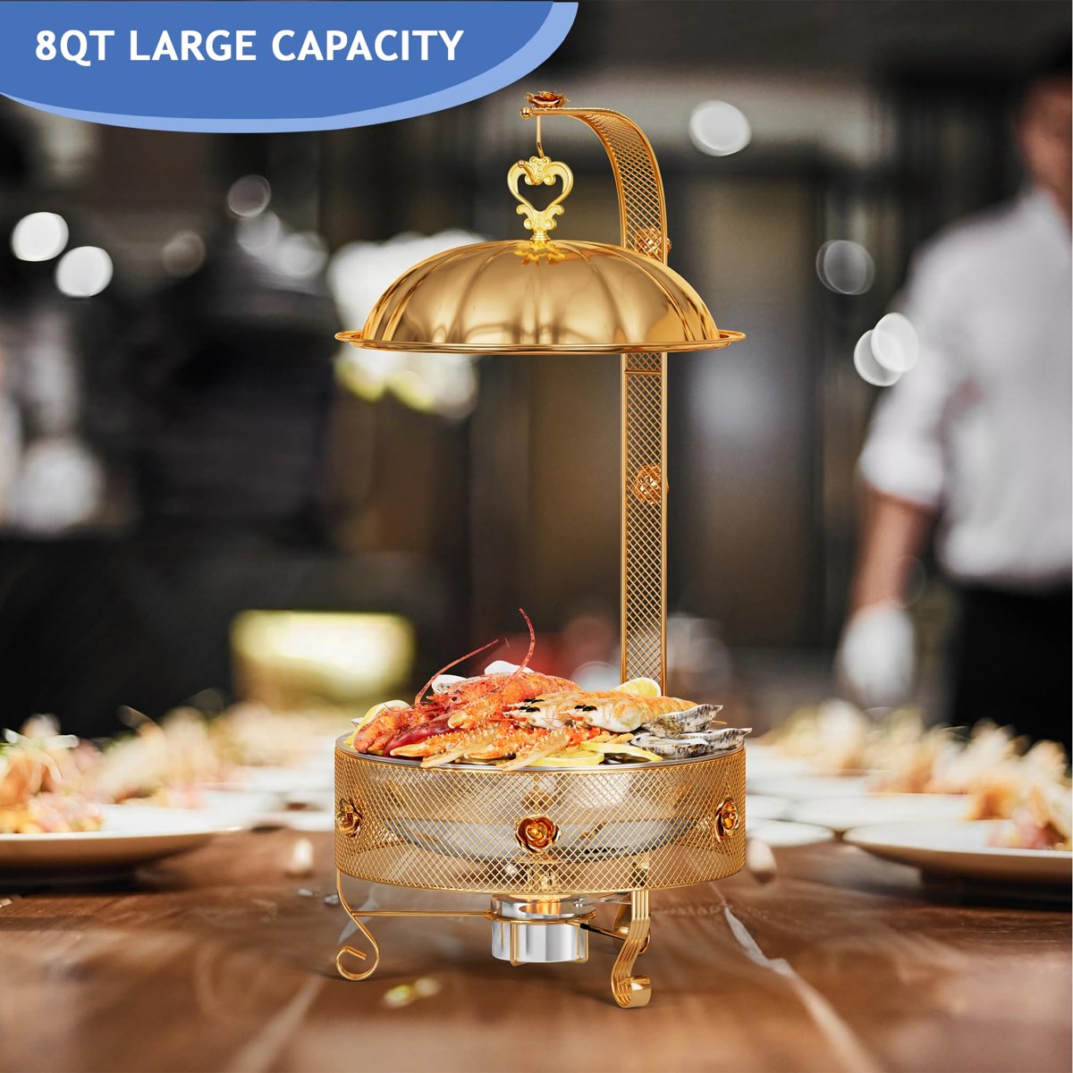 EffiQ-Rate Food Warmers Sets,1 Pack 8QT Round Chafing Dishes for Buffet Stainless Steel Chafing Dish Buffet Set Catering Events Parties Dinners with Complete Set,Gold Rose Design - Image 30