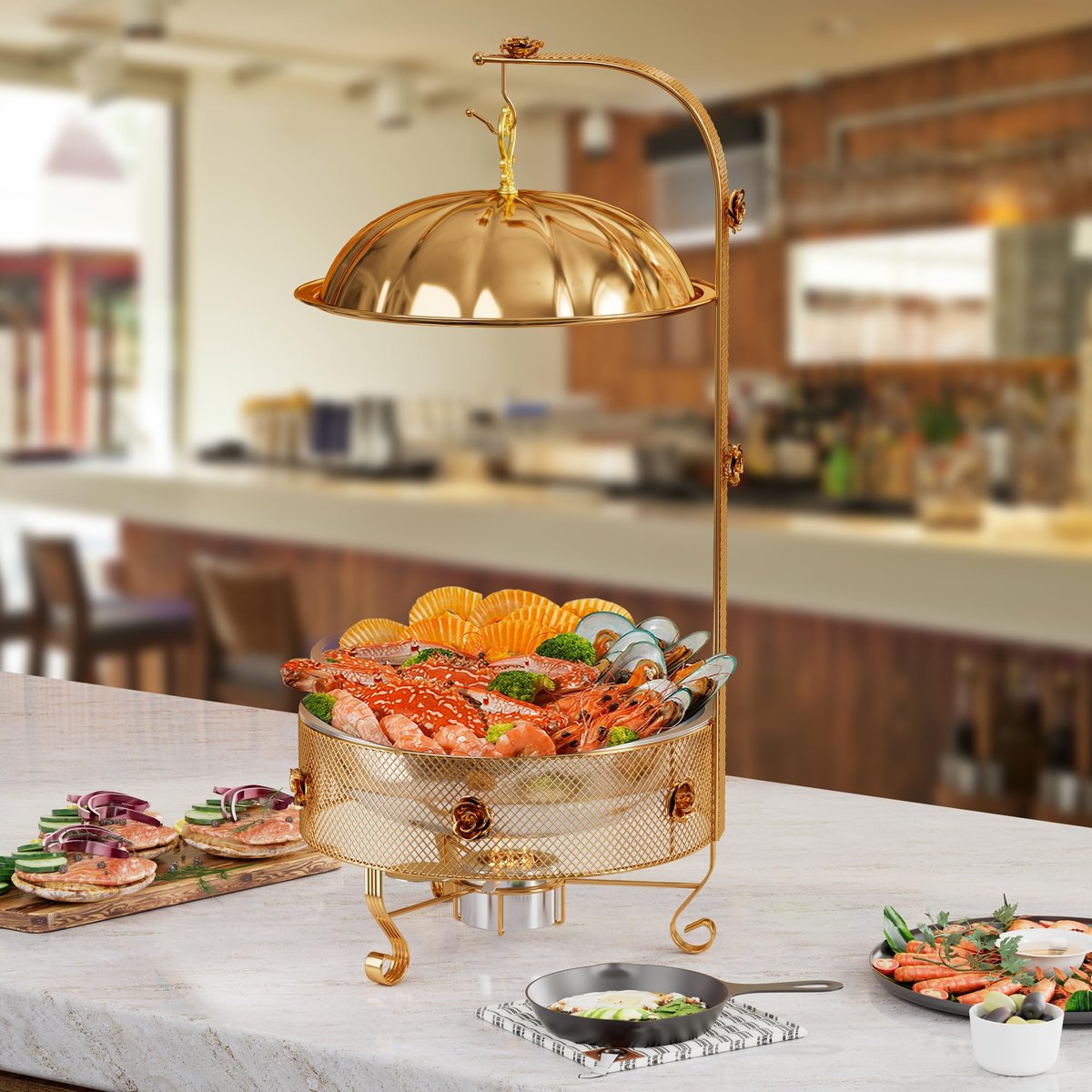 EffiQ-Rate Food Warmers Sets,1 Pack 8QT Round Chafing Dishes for Buffet Stainless Steel Chafing Dish Buffet Set Catering Events Parties Dinners with Complete Set,Gold Rose Design - Image 24