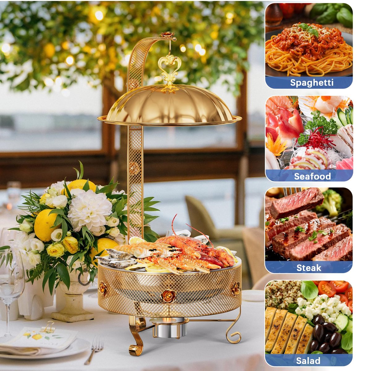 EffiQ-Rate Food Warmers Sets,1 Pack 8QT Round Chafing Dishes for Buffet Stainless Steel Chafing Dish Buffet Set Catering Events Parties Dinners with Complete Set,Gold Rose Design - Image 14