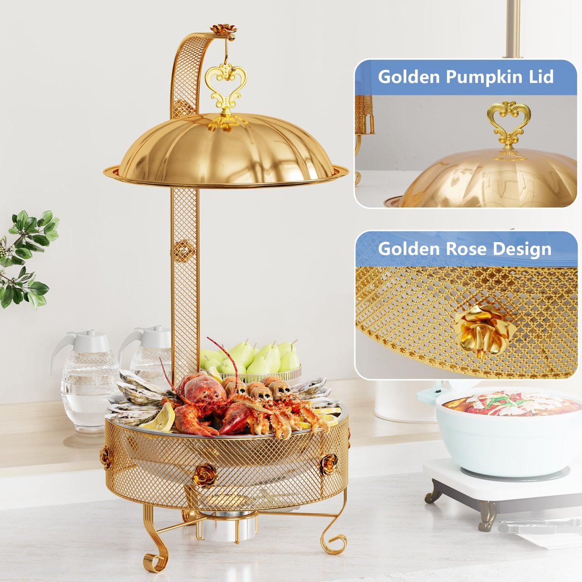 EffiQ-Rate Food Warmers Sets,1 Pack 8QT Round Chafing Dishes for Buffet Stainless Steel Chafing Dish Buffet Set Catering Events Parties Dinners with Complete Set,Gold Rose Design - Image 11
