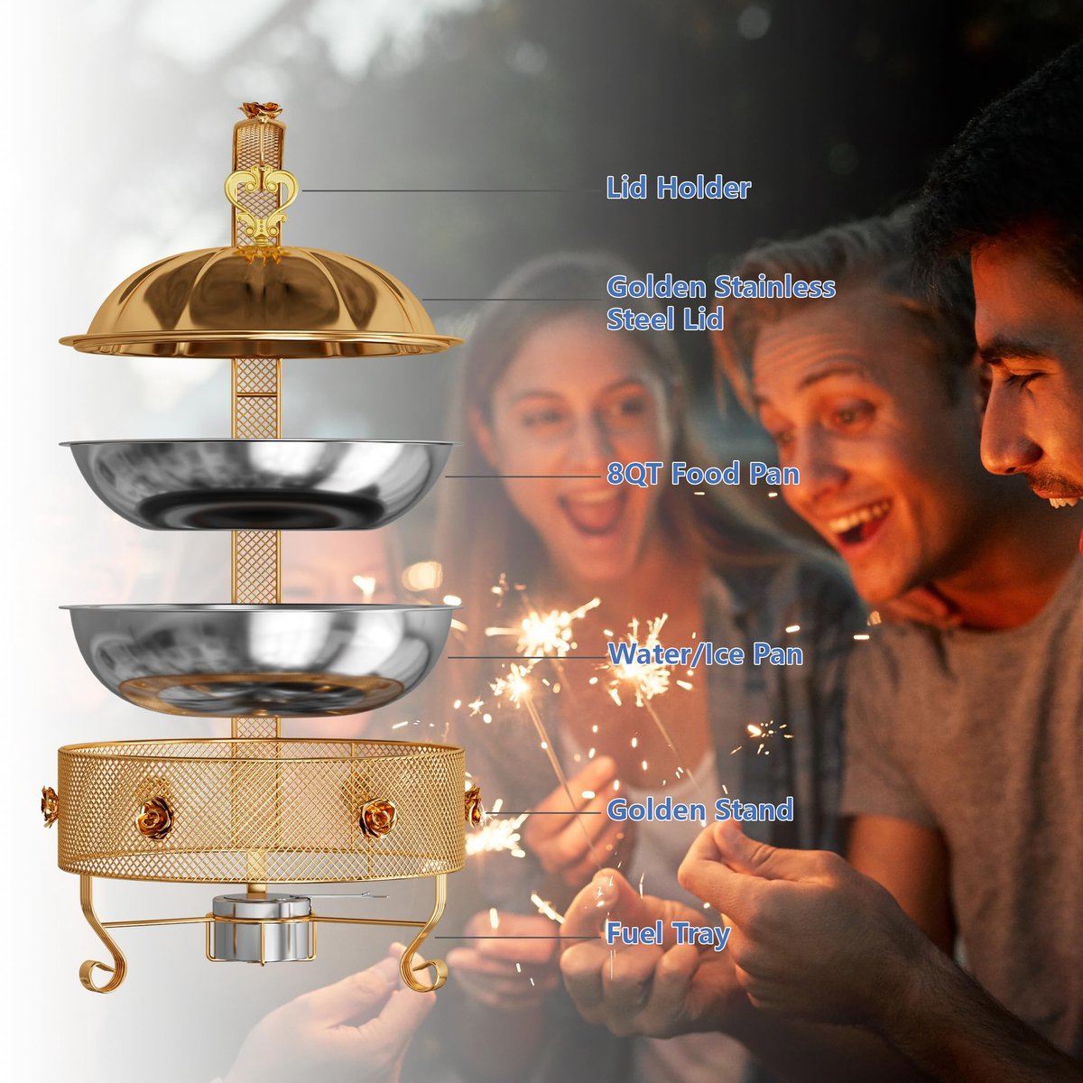 EffiQ-Rate Food Warmers Sets,1 Pack 8QT Round Chafing Dishes for Buffet Stainless Steel Chafing Dish Buffet Set Catering Events Parties Dinners with Complete Set,Gold Rose Design - Image 43