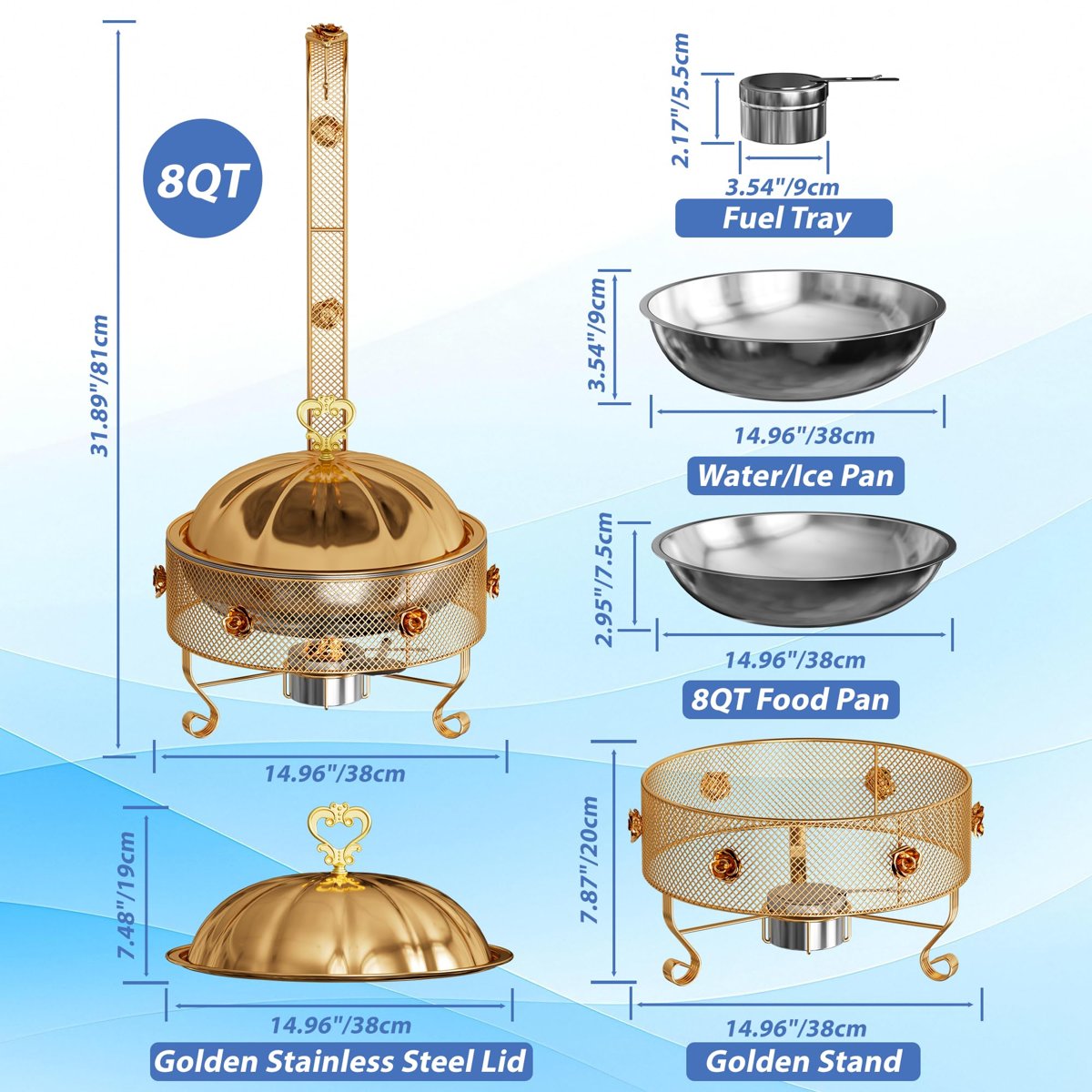 EffiQ-Rate Food Warmers Sets,1 Pack 8QT Round Chafing Dishes for Buffet Stainless Steel Chafing Dish Buffet Set Catering Events Parties Dinners with Complete Set,Gold Rose Design - Image 5