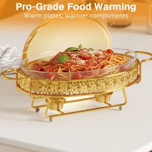 EffiQ-Rate 3 Qt Chafing Dish Food Warmer, Glass Food Pan with Golden Stainless Steel Fuel Warming Stand, Soup Casserole Hot Meal Serving Chafer for Buffet, Weddings, Parties, Catering