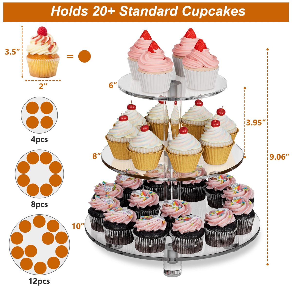 EffiQ-Rate 3 Tier Cupcake Stand, Decorative Bakery Tower for Wedding, Party, Baby Shower, Event - Image 6