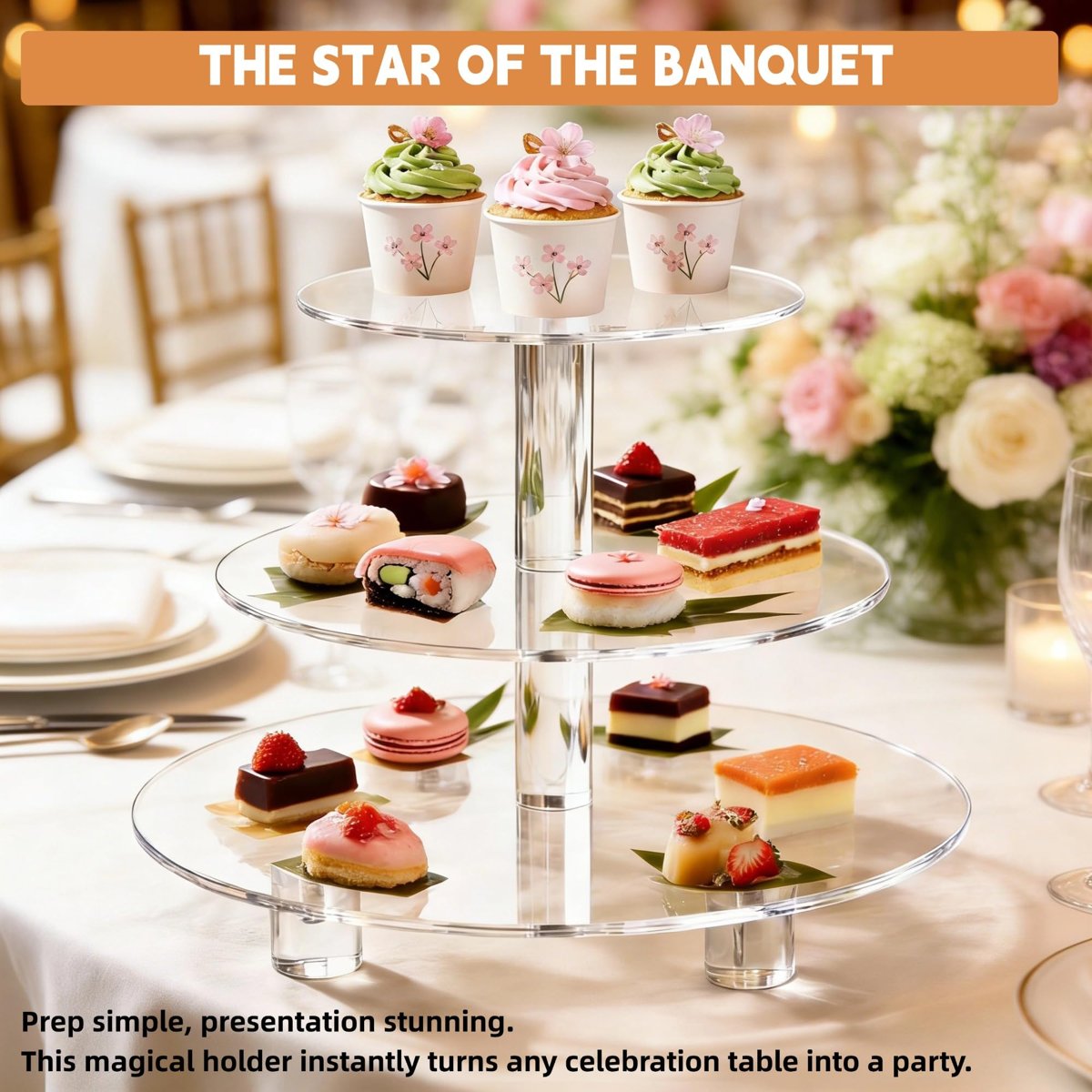 EffiQ-Rate 3 Tier Cupcake Stand, Decorative Bakery Tower for Wedding, Party, Baby Shower, Event - Image 7