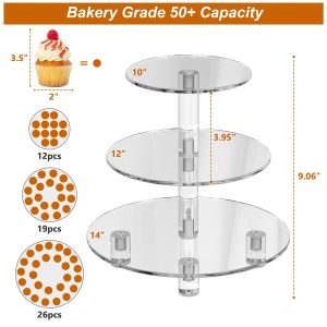 EffiQ-Rate 3 Tier Cupcake Tower with 10" 12" 14" , Acrylic Dessert Display Stand for Weddings, Parties, Baby Showers