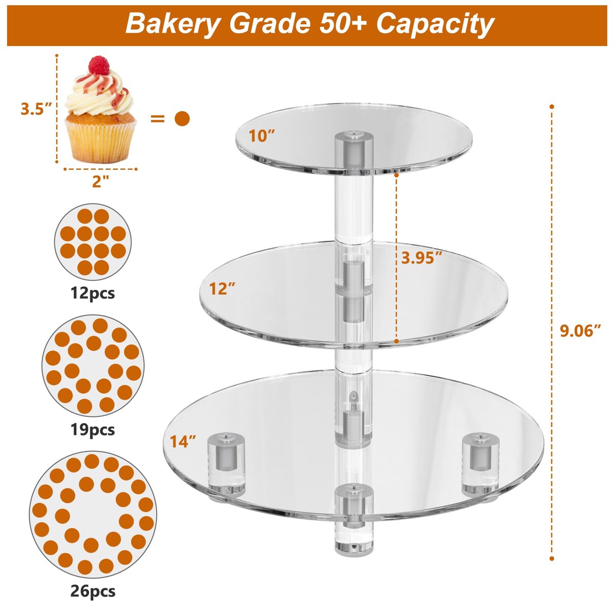 EffiQ-Rate 3 Tier Cupcake Tower with 10" 12" 14" , Acrylic Dessert Display Stand for Weddings, Parties, Baby Showers - Image 7