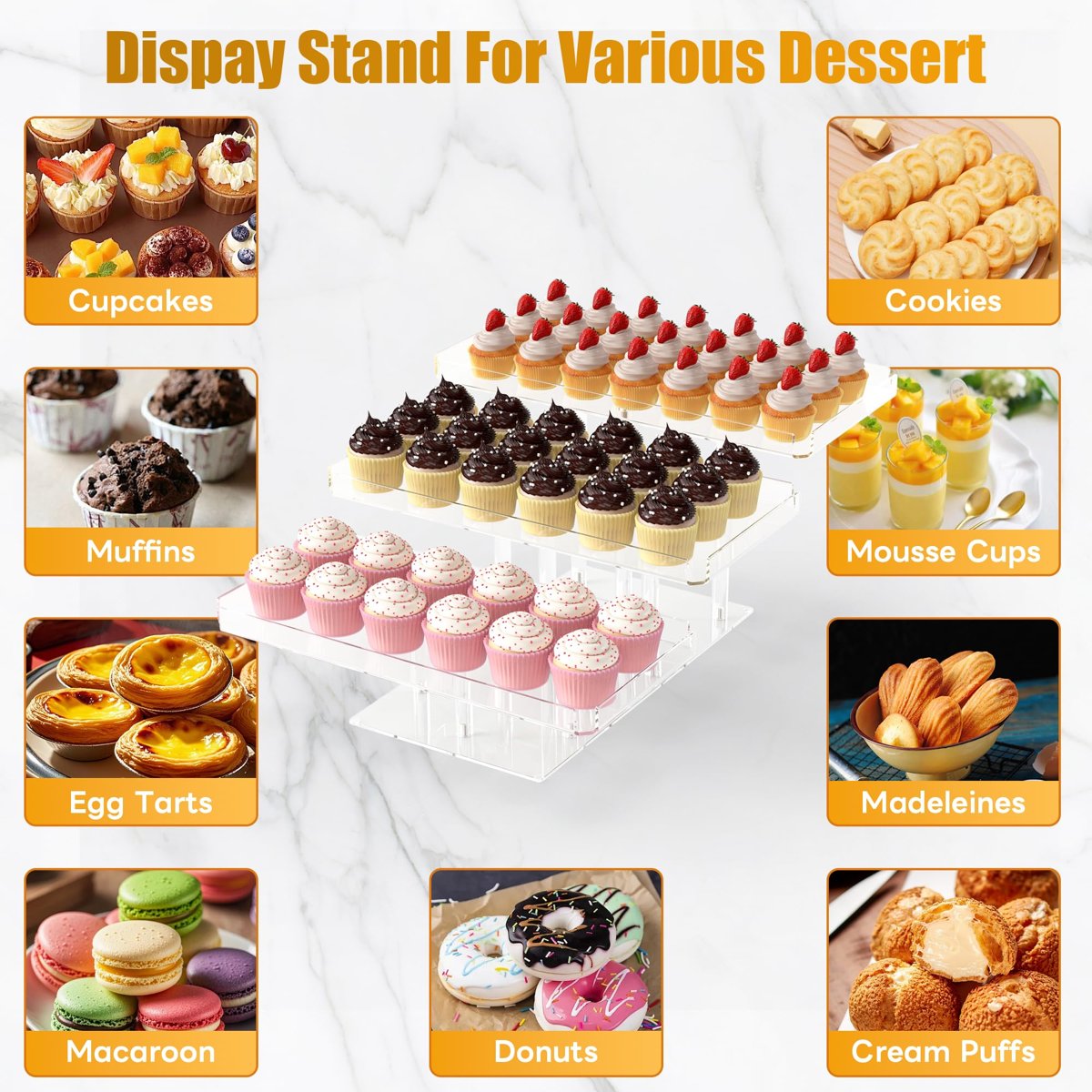 EffiQ-Rate 3 Tier Cupcake Stand, Transparent Rectangular Acrylic Dessert Table Display Stand - Image 3