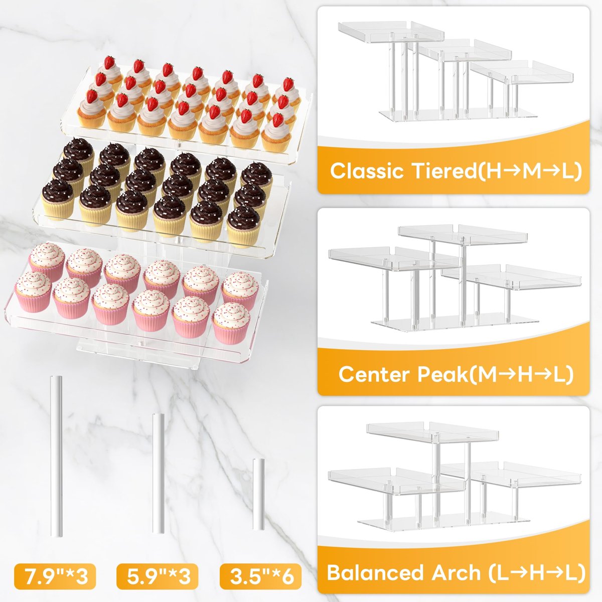 EffiQ-Rate 3 Tier Cupcake Stand, Transparent Rectangular Acrylic Dessert Table Display Stand - Image 8