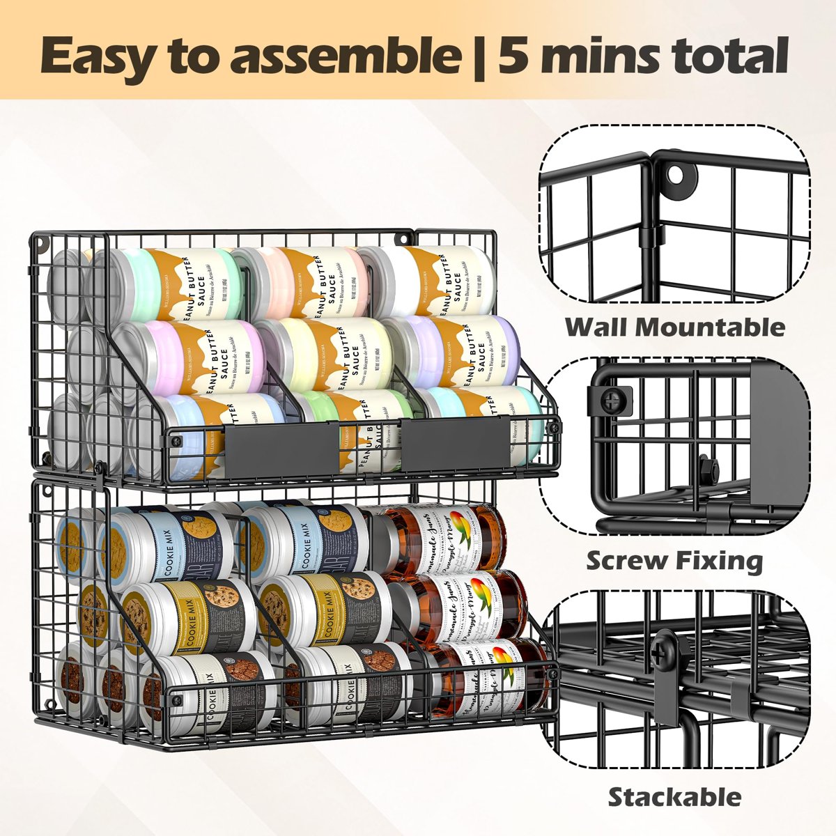 EffiQ-Rate 2 Pack Pantry Organizers and Storage Shelf, Stackable Can Organizer for Canned Food and Goods, Metal Wire Rack with 4 Adjustable Dividers Holds 60+ Cans for Under Cabinet Kitchen Countertop - Image 7
