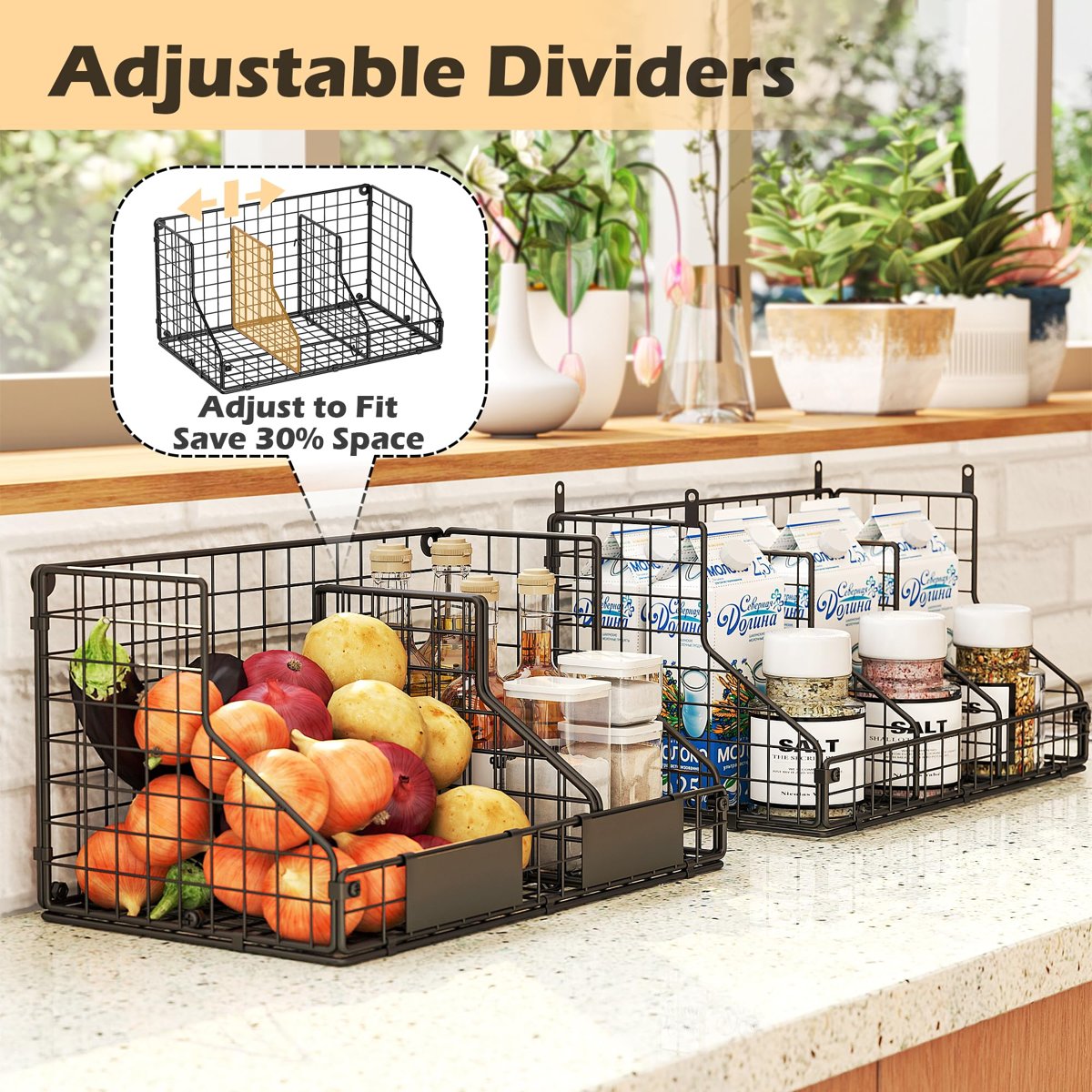 EffiQ-Rate 2 Pack Pantry Organizers and Storage Shelf, Stackable Can Organizer for Canned Food and Goods, Metal Wire Rack with 4 Adjustable Dividers Holds 60+ Cans for Under Cabinet Kitchen Countertop - Image 3