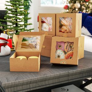 EffiQ-Rate 50 Pack Cookie Boxes with Window, 6x6x3 Inch Bakery Boxes, Brown Pastry Boxes for Pastries Desserts Muffins Donuts Macarons Chocolate Strawberries, with 50 Stickers and 5 Bundles of Twine