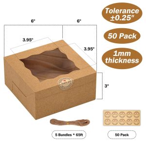 EffiQ-Rate 50 Pack Cookie Boxes with Window, 6x6x3 Inch Bakery Boxes, Brown Pastry Boxes for Pastries Desserts Muffins Donuts Macarons Chocolate Strawberries, with 50 Stickers and 5 Bundles of Twine