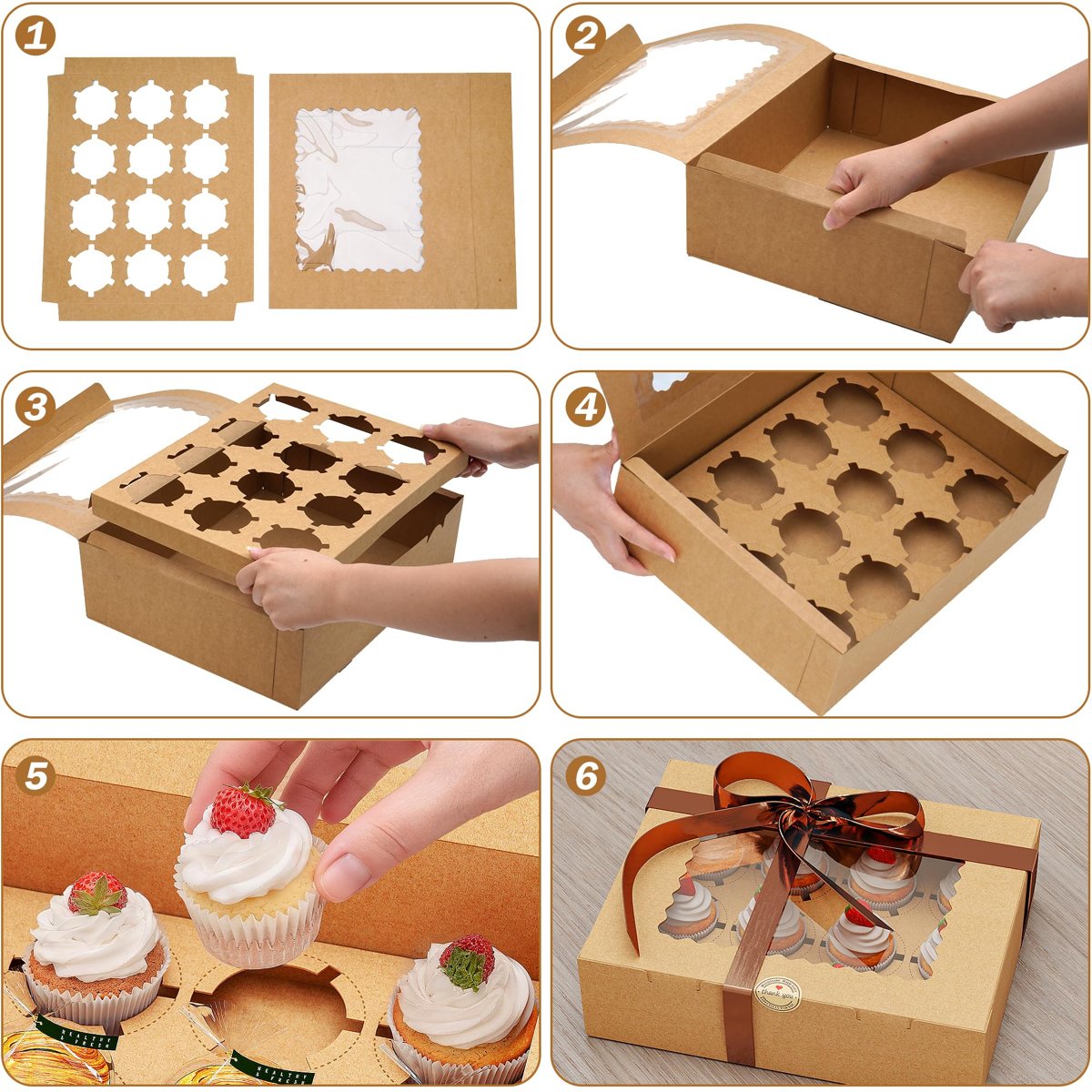 EffiQ-Rate 50 PCS Cupcake Boxes, 12-Count Cupcake Containers with Window, Brown Cupcake Carrier with Inserts and 50 Stickers, 12.8x9.84x3.54 Inch Pastry Boxes for Dessert, Party, Birthday, Holiday - Image 20