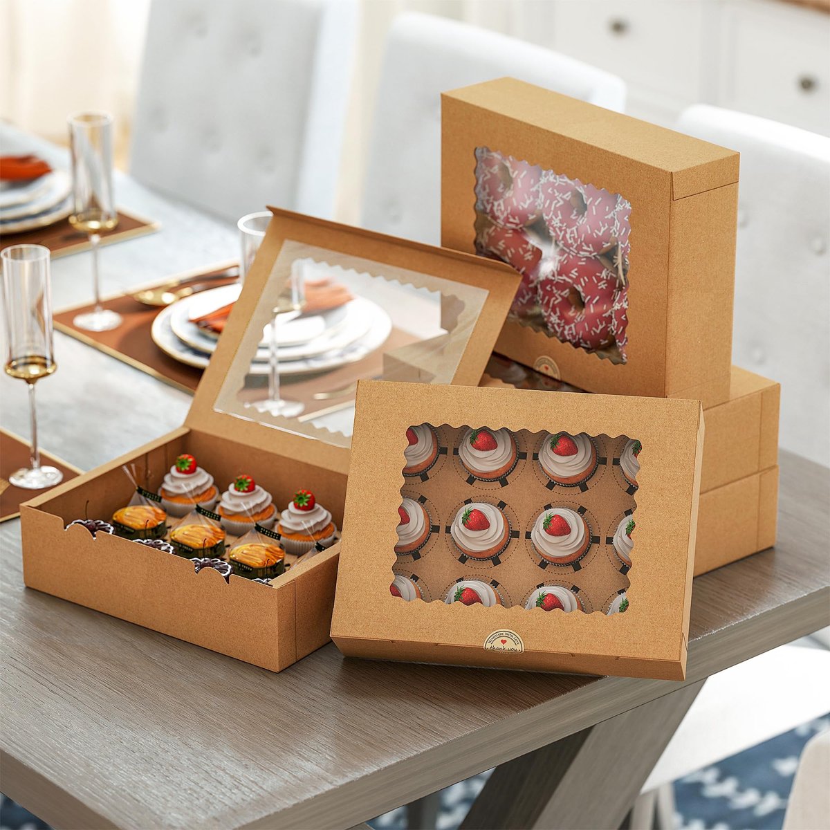 EffiQ-Rate 50 PCS Cupcake Boxes, 12-Count Cupcake Containers with Window, Brown Cupcake Carrier with Inserts and 50 Stickers, 12.8x9.84x3.54 Inch Pastry Boxes for Dessert, Party, Birthday, Holiday - Image 16