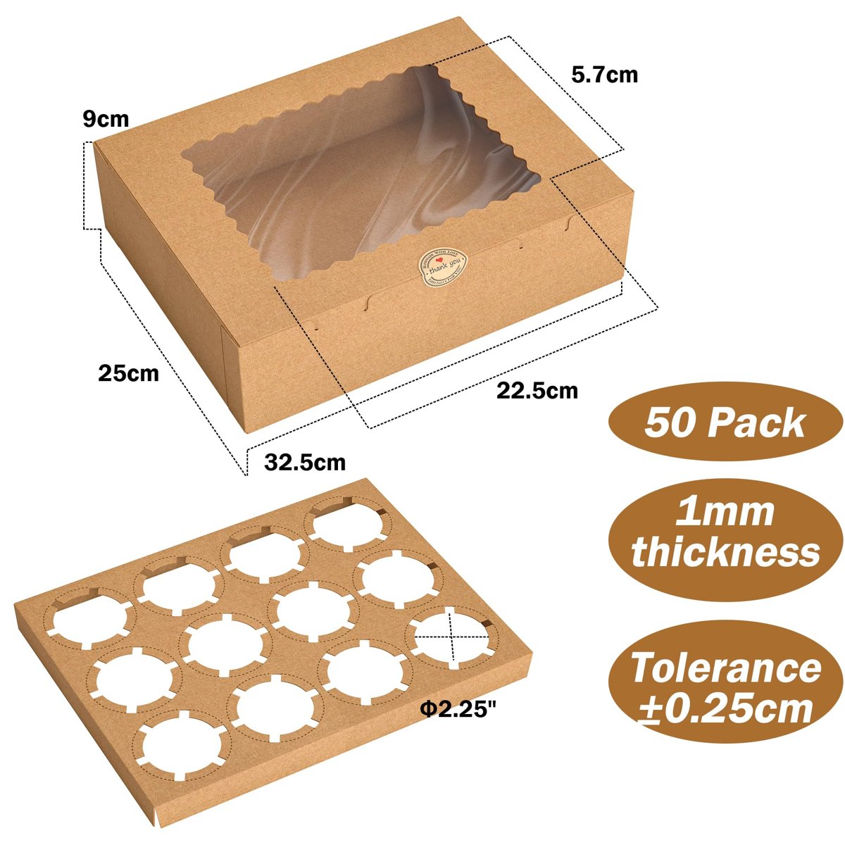 EffiQ-Rate 50 PCS Cupcake Boxes, 12-Count Cupcake Containers with Window, Brown Cupcake Carrier with Inserts and 50 Stickers, 12.8x9.84x3.54 Inch Pastry Boxes for Dessert, Party, Birthday, Holiday - Image 7