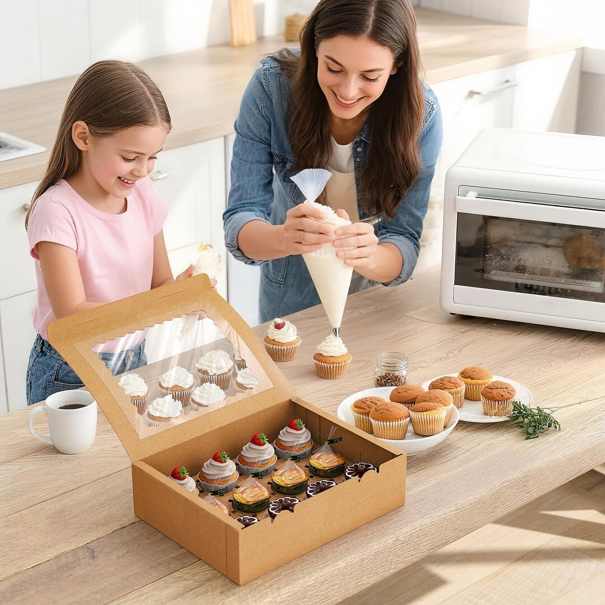 EffiQ-Rate 50 PCS Cupcake Boxes, 12-Count Cupcake Containers with Window, Brown Cupcake Carrier with Inserts and 50 Stickers, 12.8x9.84x3.54 Inch Pastry Boxes for Dessert, Party, Birthday, Holiday - Image 5