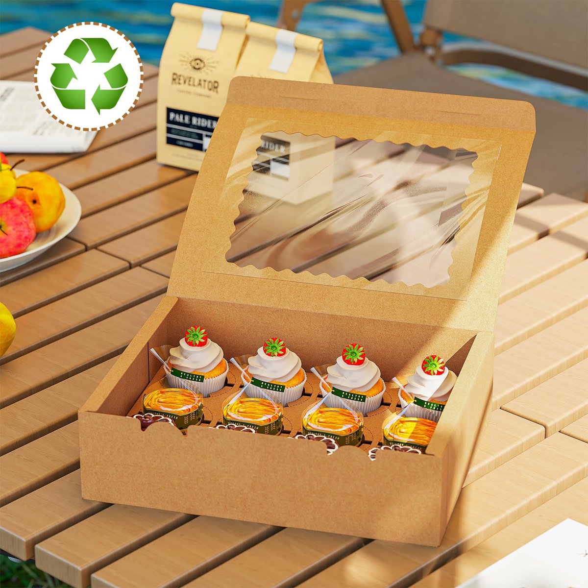 EffiQ-Rate 50 PCS Cupcake Boxes, 12-Count Cupcake Containers with Window, Brown Cupcake Carrier with Inserts and 50 Stickers, 12.8x9.84x3.54 Inch Pastry Boxes for Dessert, Party, Birthday, Holiday - Image 3