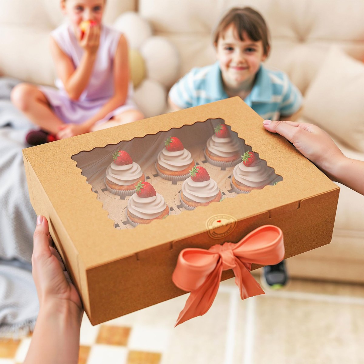 EffiQ-Rate 50 PCS Cupcake Boxes, 12-Count Cupcake Containers with Window, Brown Cupcake Carrier with Inserts and 50 Stickers, 12.8x9.84x3.54 Inch Pastry Boxes for Dessert, Party, Birthday, Holiday - Image 26