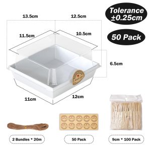 EffiQ-Rate 50 Pack Charcuterie Boxes with Clear Lids - To Go Paper Mini Charcuterie Box,5×5 Inch Disposable Food Containers,White Dessert Boxes for Sandwich,Cookie,with Strings,Stickers,and 100 Forks