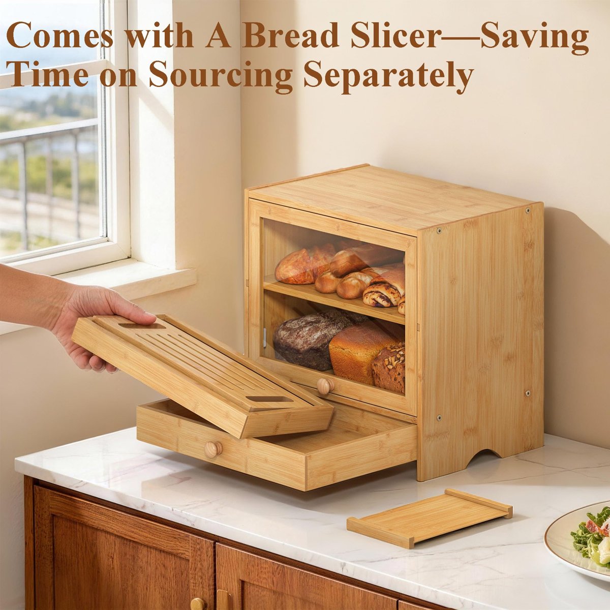 EffiQ-Rate Corner Bread Box for Kitchen Countertop, Large Bamboo Breadbox with Slicer for Homemade Bread, 2 Layer Bread Storage Container Bin Cabinet with Acrylic Window for Kitchen Counter Pantry Shelf - Image 30