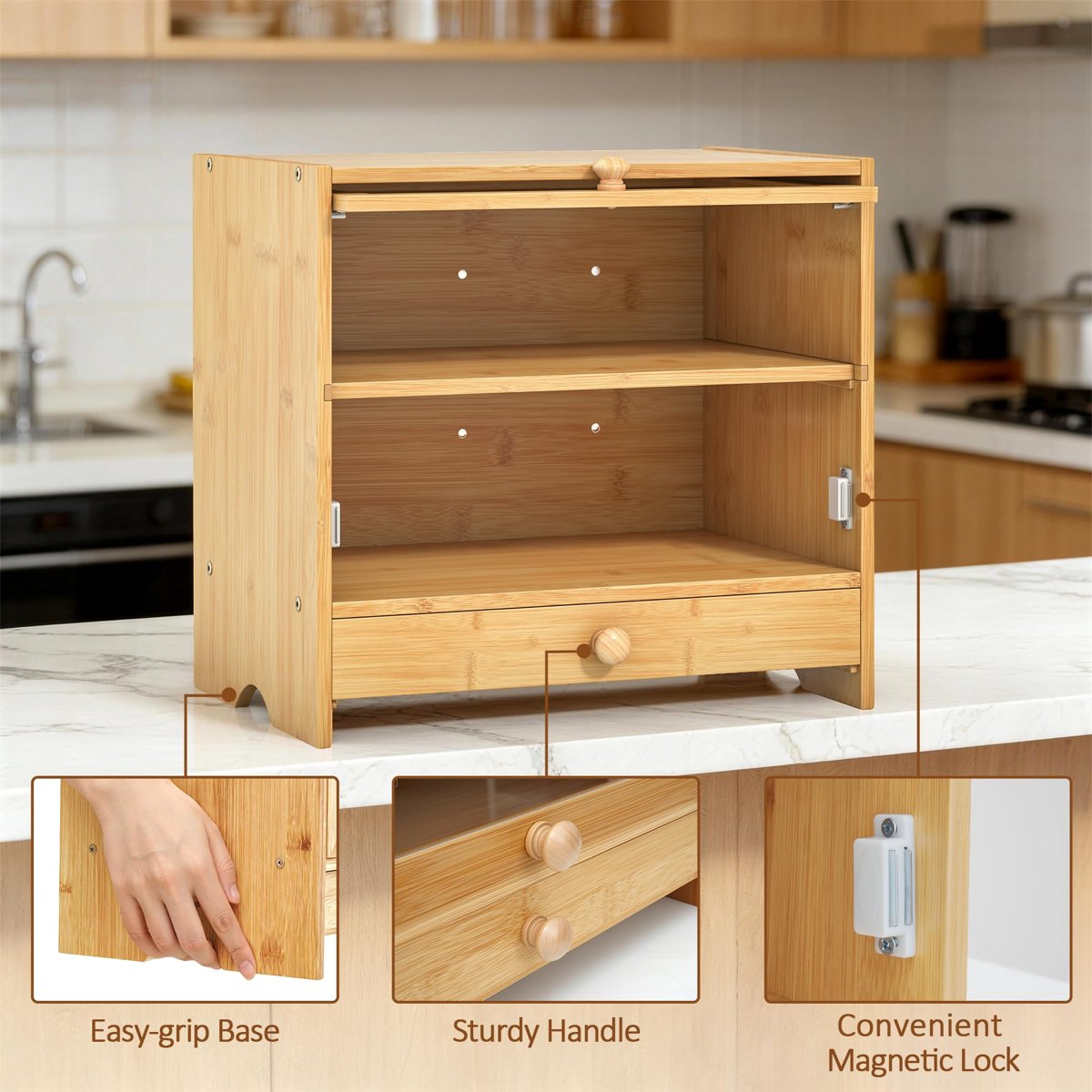 EffiQ-Rate Corner Bread Box for Kitchen Countertop, Large Bamboo Breadbox with Slicer for Homemade Bread, 2 Layer Bread Storage Container Bin Cabinet with Acrylic Window for Kitchen Counter Pantry Shelf - Image 4