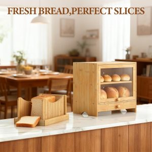 EffiQ-Rate Corner Bread Box for Kitchen Countertop, Large Bamboo Breadbox with Slicer for Homemade Bread, 2 Layer Bread Storage Container Bin Cabinet with Acrylic Window for Kitchen Counter Pantry Shelf