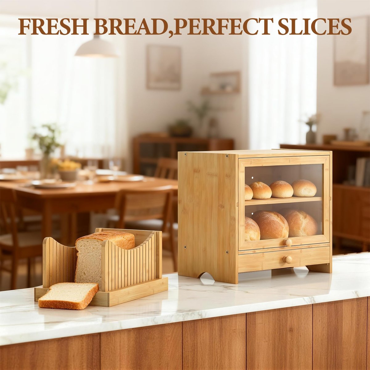 EffiQ-Rate Corner Bread Box for Kitchen Countertop, Large Bamboo Breadbox with Slicer for Homemade Bread, 2 Layer Bread Storage Container Bin Cabinet with Acrylic Window for Kitchen Counter Pantry Shelf - Image 23