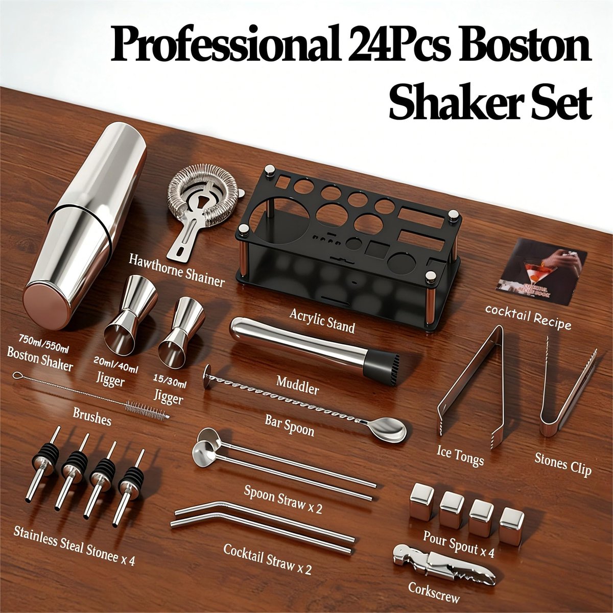 EffiQ-Rate 24 Piece Professional Boston Shaker for Cocktails, Stainless Steel Bar Kits for Bartender with Acrylic Stand, All Essential Bar Tools for Home, Party, Mixing Drinks, Silver - Image 15