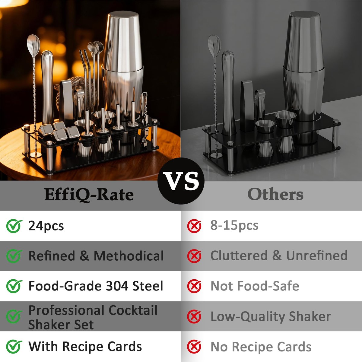 EffiQ-Rate 24 Piece Professional Boston Shaker for Cocktails, Stainless Steel Bar Kits for Bartender with Acrylic Stand, All Essential Bar Tools for Home, Party, Mixing Drinks, Silver - Image 12