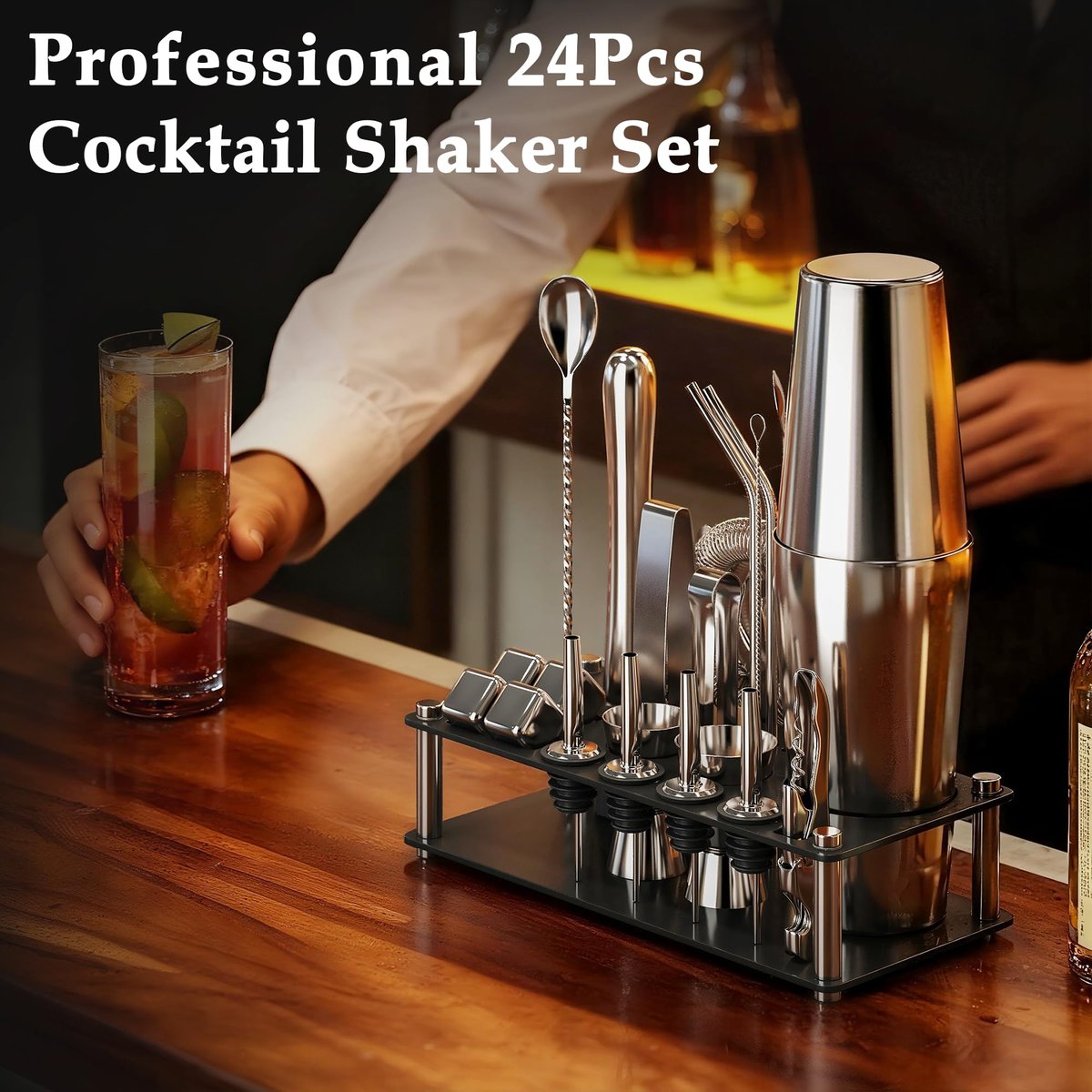 EffiQ-Rate 24 Piece Professional Boston Shaker for Cocktails, Stainless Steel Bar Kits for Bartender with Acrylic Stand, All Essential Bar Tools for Home, Party, Mixing Drinks, Silver - Image 5