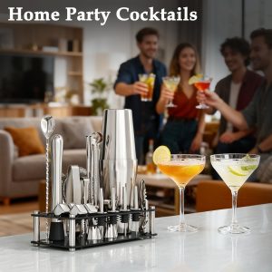 EffiQ-Rate 24 Piece Professional Boston Shaker for Cocktails, Stainless Steel Bar Kits for Bartender with Acrylic Stand, All Essential Bar Tools for Home, Party, Mixing Drinks, Silver