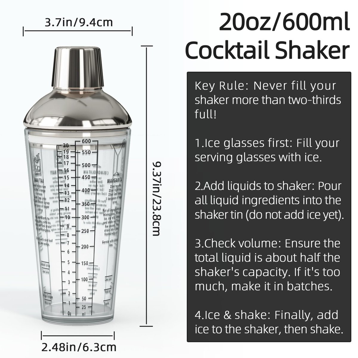 EffiQ-Rate Glass Cocktail Shaker, with Recipes and Measurements 20oz, Built-in Strainer and Leakproof Seal, Clear Bar Tool for Margaritas, Martinis - Image 12