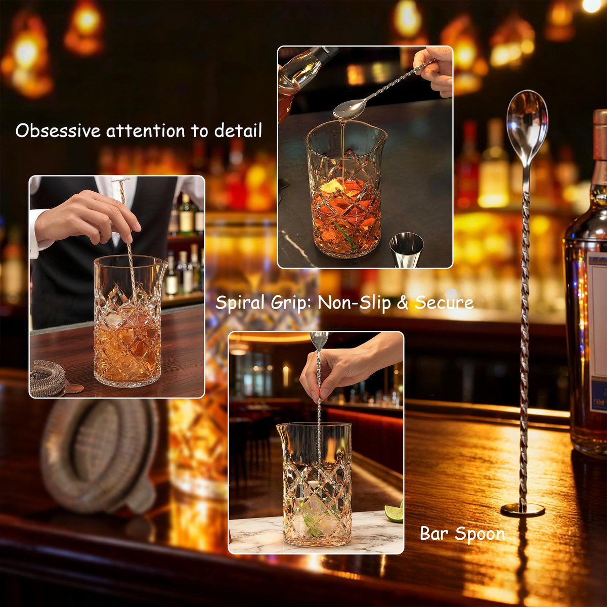 EffiQ-Rate Professional 24 Oz Cocktail Mixing Glass Set - Thick Bottom Crystal Clear Bar Tools with Strainer, Jigger (15/30ml), Spoon & Recipe Guide - Image 5