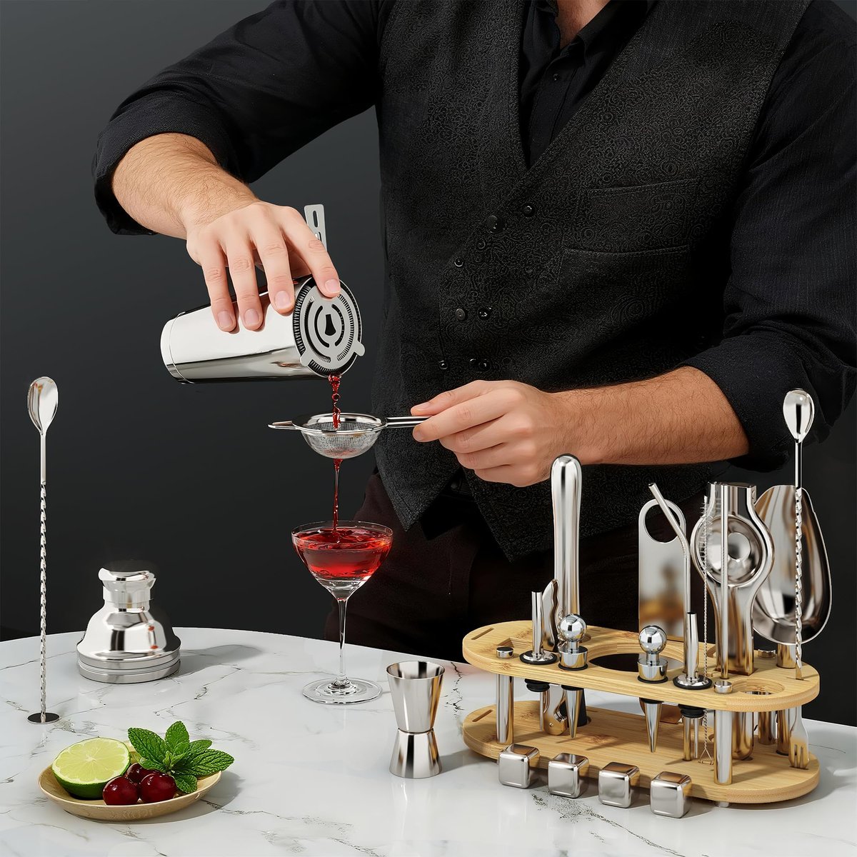 EffiQ-Rate Cocktail Shaker Set, 25-Piece Stainless Steel Bartender Kit with Wood Organizer Stand & Cocktail Recipes, Professional Bar Mixology Tools with All Essential Accessories for Drink Mixing - Image 13