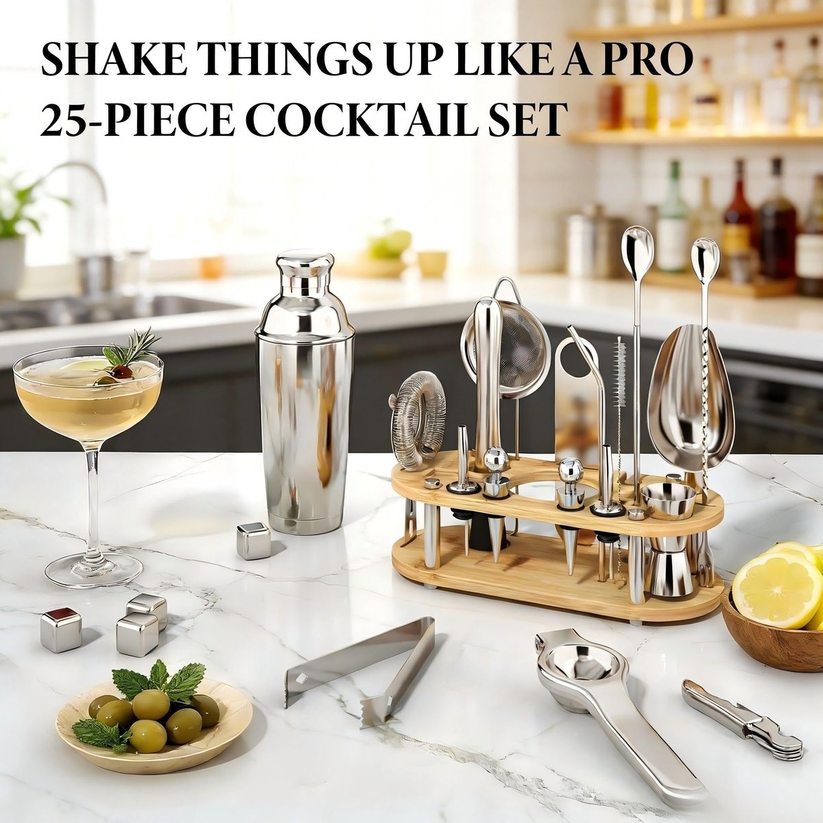 EffiQ-Rate Cocktail Shaker Set, 25-Piece Stainless Steel Bartender Kit with Wood Organizer Stand & Cocktail Recipes, Professional Bar Mixology Tools with All Essential Accessories for Drink Mixing - Image 10