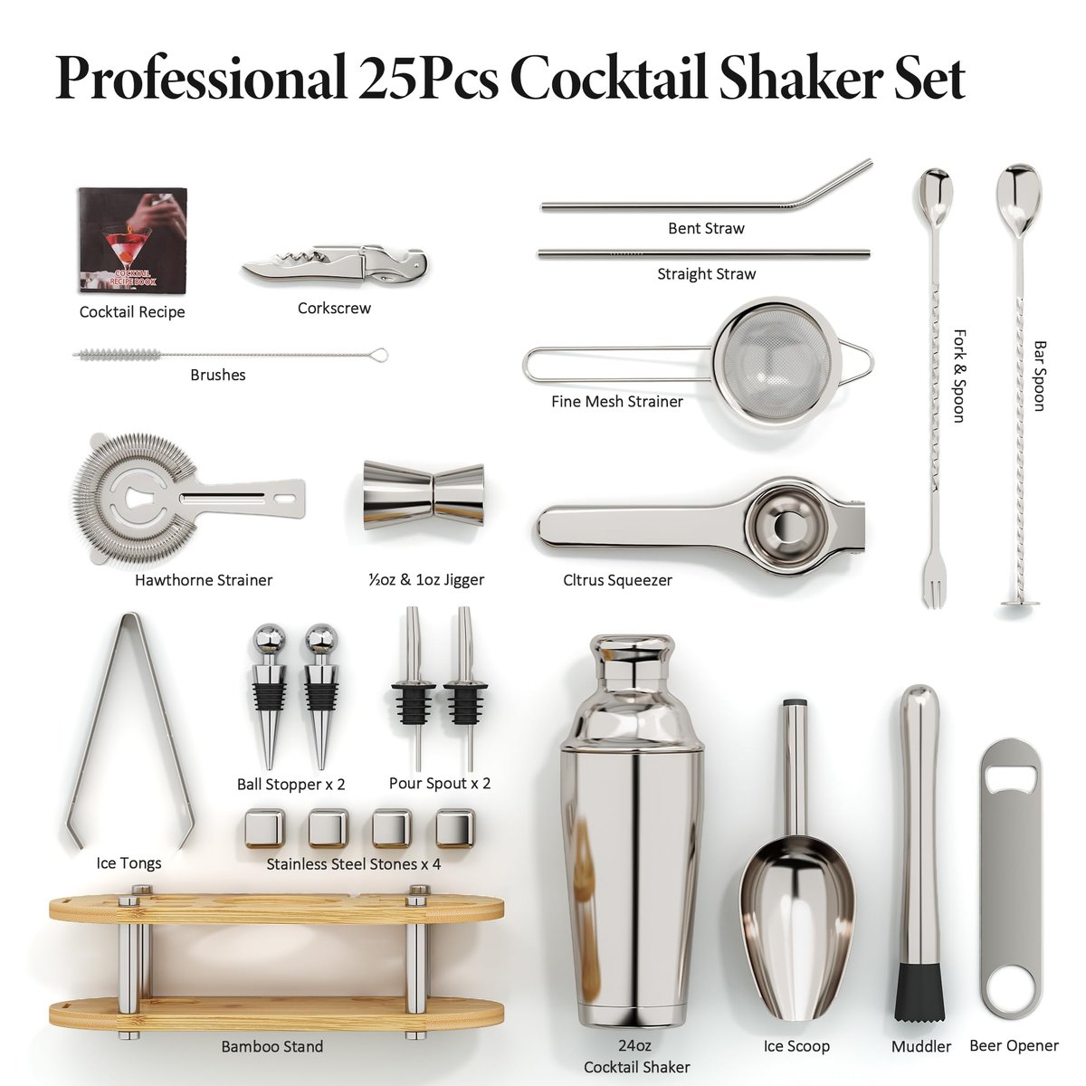 EffiQ-Rate Cocktail Shaker Set, 25-Piece Stainless Steel Bartender Kit with Wood Organizer Stand & Cocktail Recipes, Professional Bar Mixology Tools with All Essential Accessories for Drink Mixing - Image 9