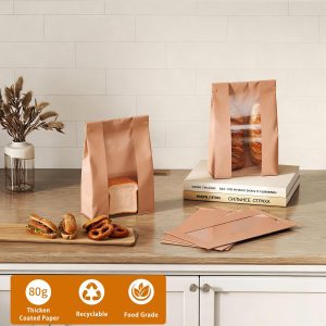 EffiQ-Rate 100Pcs Sourdough Bread Bags with Window 13.7×8.2×3.7in Bread Bags for Homemade Bread, 80g Thick Coated Kraft Paper,Waterproof PE Lining,Stand‑Up Square Bottom,Includes 100 Sealing Stickers