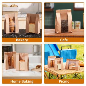 EffiQ-Rate 100Pcs Sourdough Bread Bags with Window 13.7×8.2×3.7in Bread Bags for Homemade Bread, 80g Thick Coated Kraft Paper,Waterproof PE Lining,Stand‑Up Square Bottom,Includes 100 Sealing Stickers