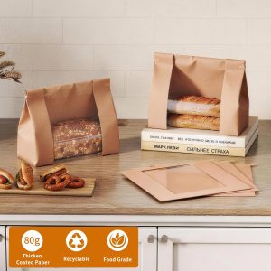 EffiQ-Rate Bread Bags with Window – 100 Pcs Sourdough Homemade Bread Bags, 10.24×4.33×10.24 in, 80g Kraft Paper with Waterproof PE Coating, Stand-Up Base, Includes 100 Sealing Stickers