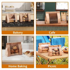 EffiQ-Rate Bread Bags with Window – 100 Pcs Sourdough Homemade Bread Bags, 10.24×4.33×10.24 in, 80g Kraft Paper with Waterproof PE Coating, Stand-Up Base, Includes 100 Sealing Stickers