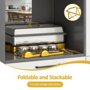 EffiQ-Rate 9 QT Chafing Dishes for Buffet Set 2 Pack, Gold Stainless Steel Food Warmers with Serving Utensils Folding Stand, Buffet Servers for Parties, Weddings, Catering, Family Gatherings