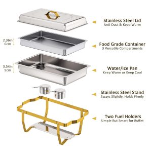 EffiQ-Rate 4 Pack Stainless Steel Chafing Dishes for Buffet, 9 QT Capacity with 7 Pans and Serving Utensils Food Warmers for Parties, Weddings, Events Hosting, Family Gatherings,Upgraded Base Design